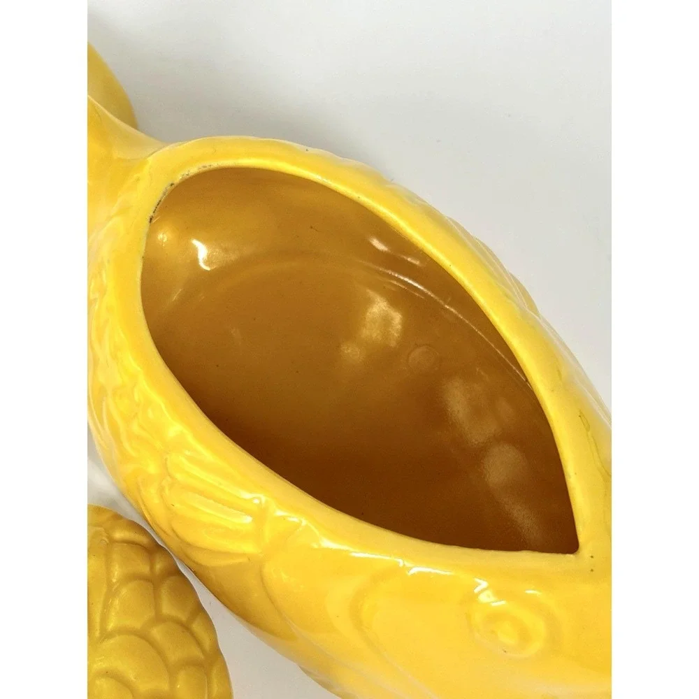 Vintage Pottery Chicken of the Sea Tuna Baker Yellow Fish - Original Stand Incl